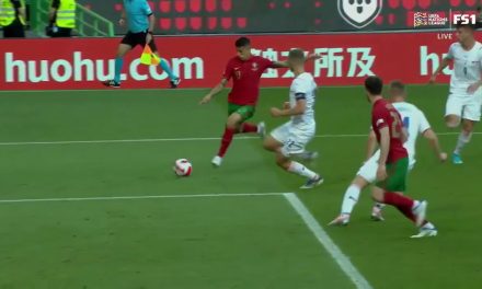 João Cancelo fires a ball into the back of the net to give Portugal the 1-0 lead,