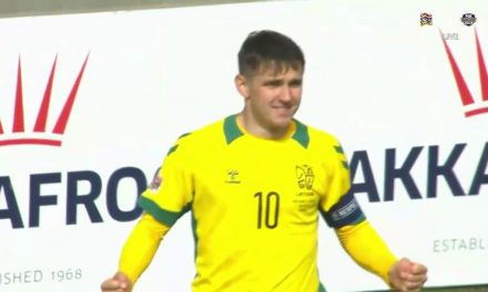 Fedor Chernykh converts in the sixth minute for Lithuania, 1-0,