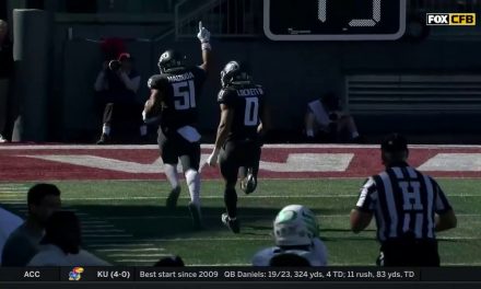 Bo Nix’s pass is intercepted by a Cougar defender and taken 96 yards for a touchdown