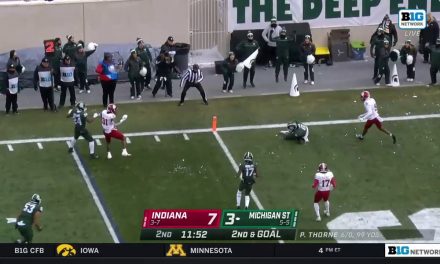 Payton Thorne’s pass is perfectly deflected into the hands of Maliq Carr to give the Spartans the lead